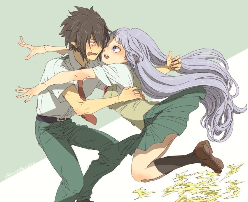 1boy 1girl amajiki_tamaki belt black_belt black_hair black_socks blush boku_no_hero_academia brown_shoes hado_nejire hug jumping long_hair nikoban open_mouth pointy_ears school_uniform shoes skirt smile socks very_long_hair