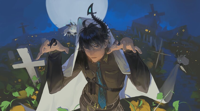 1boy absurdres ahoge belt black_belt black_hair black_horns black_shirt blue_eyes blue_necktie chest_harness claw_ring cloak collared_shirt commentary contrapposto earrings embroidery english_commentary fangs fence from_above full_moon ghost_costume ghost_pose graveyard grey_pants hair_between_eyes halloween harness head_tilt highres hood hooded_cloak horns house jack-o&#039;-lantern jewelry long_sleeves looking_at_viewer male_focus moon multiple_belts multiple_earrings multiple_rings necktie night nijisanji nijisanji_en open_mouth outdoors pants path plaid_clothes plaid_pants pointy_ears pumpkin ren_zotto ren_zotto_(1st_costume) renvader_(ren_zotto) ring road sheet_ghost shirt single_horn slit_pupils smile solo stone_walkway tombstone underlighting upper_body virtual_youtuber white_cloak wing_collar wooden_fence yuigacyako