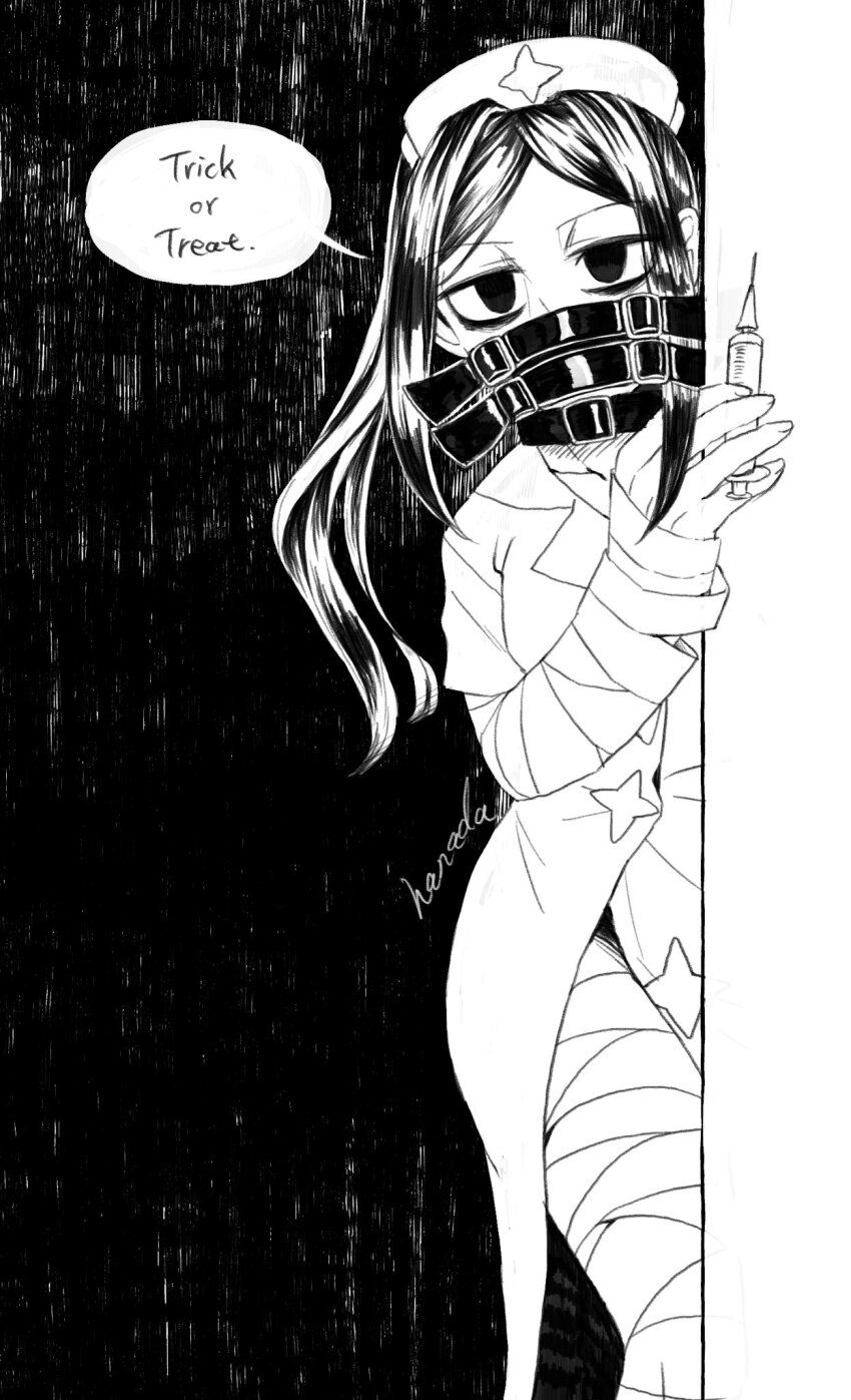 1girl bags_under_eyes bandages black_background black_hair english_text half-closed_eyes hallow_(skullgirls) hanada_(cobalt003) hat highres long_hair mask monochrome nurse_cap skullgirls solo speech_bubble syringe