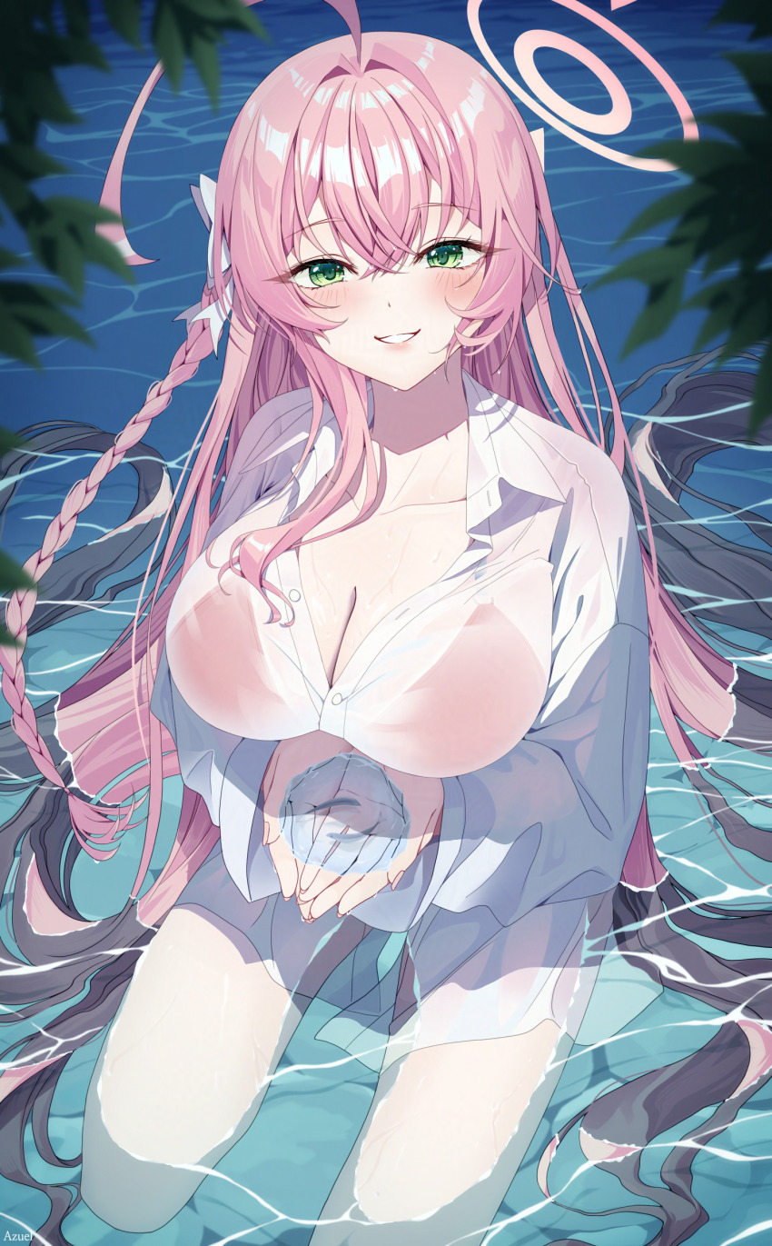 1girl absurdres ahoge ajeu914 bikini bikini_under_clothes blue_archive blush bow braid breasts cleavage collarbone collared_shirt green_eyes hair_between_eyes hair_bow halo hanako_(blue_archive) hanako_(swimsuit)_(blue_archive) highres holding_water large_breasts long_hair long_sleeves looking_at_viewer pink_bikini pink_hair pink_halo revision shirt smile solo swimsuit swimsuit_under_clothes thighs white_bow white_shirt