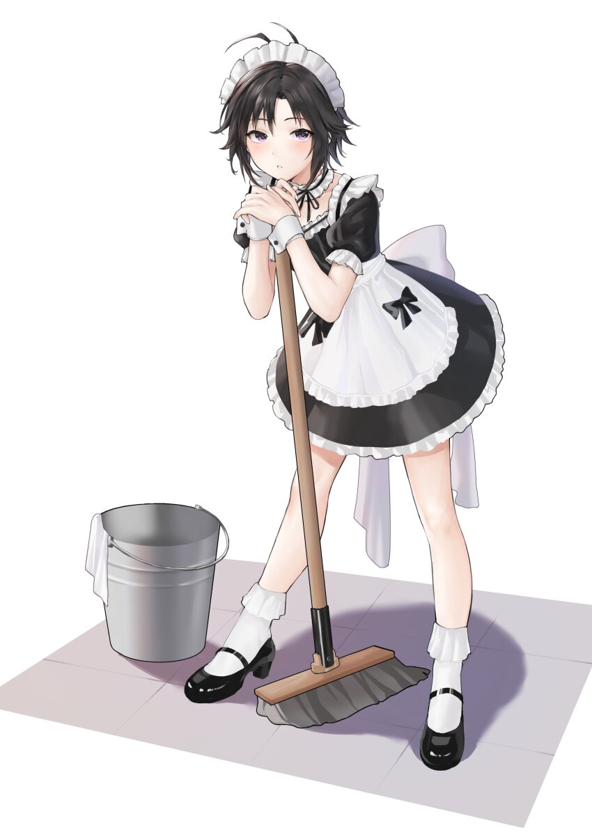 1girl absurdres aburi-gatana alternate_costume antenna_hair apron asymmetrical_bangs black_dress black_hair black_ribbon black_shoes broom bucket collar dress enmaided eyelashes frilled_apron frilled_collar frilled_dress frilled_sleeves frilled_socks frills high_heels highres idolmaster idolmaster_(classic) idolmaster_million_live! idolmaster_million_live!_theater_days kikuchi_makoto leaning_on_object light_blush maid maid_headdress mary_janes messy_hair parted_bangs parted_lips puffy_short_sleeves puffy_sleeves purple_eyes ribbon ribbon-trimmed_collar ribbon_trim shoes short_hair short_sleeves socks solo teeth tile_floor tiles waist_apron white_apron white_background white_ribbon white_socks white_wrist_cuffs wrist_cuffs
