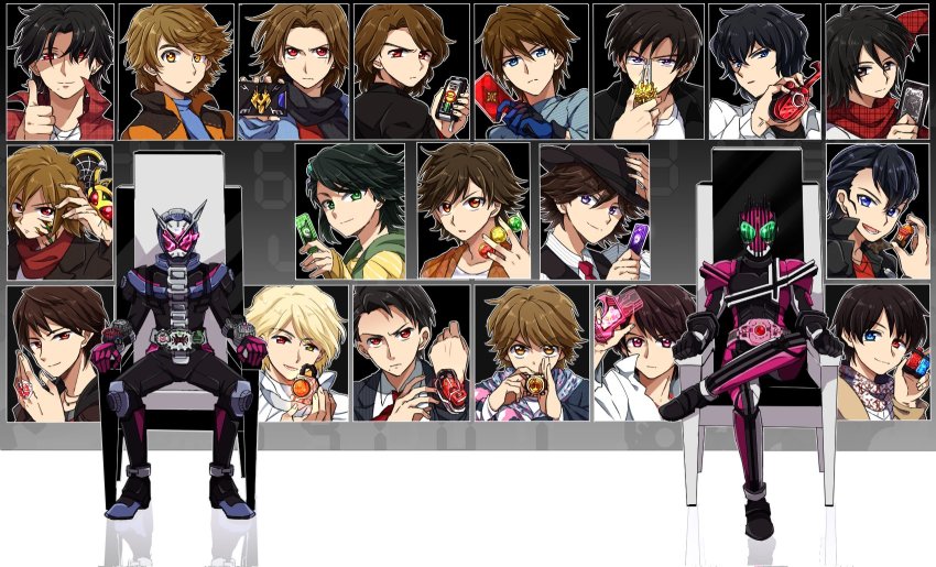 black_hair blonde_hair brown_hair fedora godai_yuusuke hat henshin_pose heterochromia hibiki_(kamen_rider_hibiki) hidari_shoutarou highres hino_eiji houjou_emu inui_takumi kamen_rider kamen_rider_555 kamen_rider_agito_(series) kamen_rider_blade_(series) kamen_rider_build_(series) kamen_rider_dcd kamen_rider_decade kamen_rider_den-o_(series) kamen_rider_drive_(series) kamen_rider_ex-aid_(series) kamen_rider_fourze_(series) kamen_rider_gaim_(series) kamen_rider_ghost_(series) kamen_rider_hibiki_(series) kamen_rider_kabuto_(series) kamen_rider_kiva_(series) kamen_rider_kuuga_(series) kamen_rider_ooo_(series) kamen_rider_ryuki_(series) kamen_rider_w kamen_rider_wizard_(series) kamen_rider_zi-o kamen_rider_zi-o_(series) kazuraba_kouta kenzaki_kazuma kidou_shinji kiryuu_sento kisaragi_gentarou kivat-bat_iii kurenai_wataru lab_coat nogami_ryoutarou philip_(kamen_rider) pompadour scarf sitting smile souma_haruto tendou_souji tenkuuji_takeru throne thumbs_up tomari_shinnosuke tsugami_shouichi yoshino_(gunform)