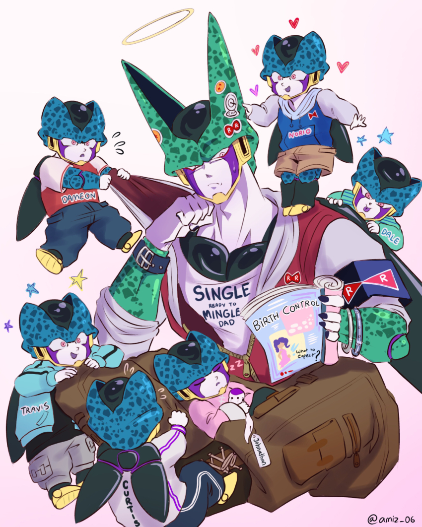 6+boys :d :p absurdres amiz06 artist_name black_nails blue_hoodie blue_pants boots bracelet brown_footwear brown_pants brown_shorts cell_(dragon_ball) cell_junior character_doll child closed_eyes closed_mouth clothes_pull clothes_writing colored_skin colored_tongue commentary doll dragon_ball dragonball_z drawstring english_commentary facing_away fingernails flying_sweatdrops frieza from_behind frown gradient_background grey_pants halo hand_up head_rest heart highres holding holding_magazine hood hood_down hoodie jewelry lace-up_boots long_sleeves magazine_(object) male_focus multiple_boys on_shoulder open_clothes open_hoodie open_mouth pants pectorals perfect_cell pink_background pink_eyes pink_shirt pulling_another&#039;s_clothes purple_skin purple_tongue raglan_sleeves red_hoodie red_ribbon_army red_shirt shirt short_sleeves shorts simple_background sitting sitting_on_lap sitting_on_person sleeping sleeves_rolled_up smile star_(symbol) sticker sweatdrop tag tongue tongue_out twitter_username v-shaped_eyebrows white_background white_shirt white_skin wings yellow_eyes zipper zipper_pull_tab zzz