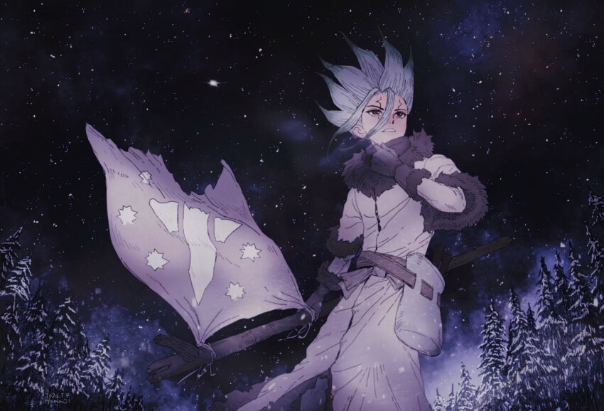 1boy arm_up belt belt_pouch black_fur black_gloves brown_belt coat commentary cowboy_shot dr._stone english_commentary facial_mark flag fur-trimmed_collar fur-trimmed_sleeves fur_trim gloves hamau highres holding holding_flag ishigami_senkuu looking_to_the_side male_focus night night_sky outdoors parted_lips pine_tree pouch red_eyes sky snow solo spiked_hair star_(sky) teeth torn_flag tree white_coat white_hair winter