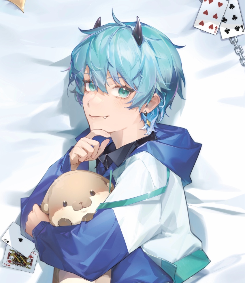 1boy ace_(playing_card) ace_of_spades animal animal_hug aqua_eyes bed_sheet black_horns black_shirt blue_hair blue_hood blue_jacket card chain closed_mouth commentary cropped_jacket curled_fingers demon_boy diamond_earrings earrings english_commentary fang finger_to_own_chin from_side hair_between_eyes hand_up highres hood hood_down hooded_jacket horns indie_virtual_youtuber jack_(playing_card) jack_of_diamonds jacket jewelry light_blue_hair long_sleeves looking_at_viewer looking_to_the_side male_focus multicolored_jacket night_korio otter playing_card second-party_source shirt sholinto short_hair six_of_hearts six_of_spades sleeves_past_wrists smile solo spade_(shape) upper_body virtual_youtuber white_background white_jacket wing_collar
