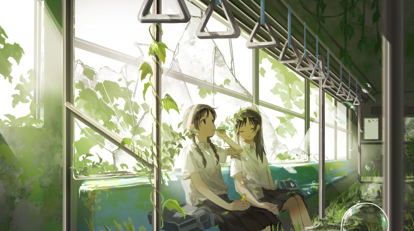 2girls absurdres backlighting black_skirt broken_glass bubble glass highres multiple_girls original plant ruins school_uniform skirt soap_bubbles train_interior yoru_410