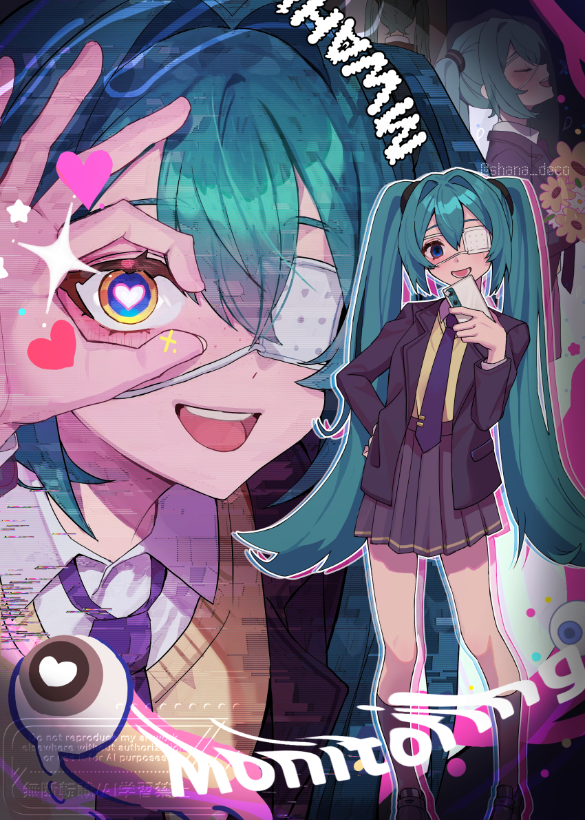 1girl :d absurdres black_shoes blue_eyes blush brown_jacket brown_skirt brown_socks cellphone commentary_request double-parted_bangs eyepatch green_hair hatsune_miku heart heart-shaped_pupils highres holding holding_phone jacket long_hair long_sleeves looking_at_viewer monitoring_(vocaloid) multiple_views necktie open_clothes open_jacket open_mouth phone pleated_skirt purple_necktie shana_deco shoes skirt smartphone smile socks standing sweater symbol-shaped_pupils twintails twitter_username very_long_hair vocaloid yellow_sweater