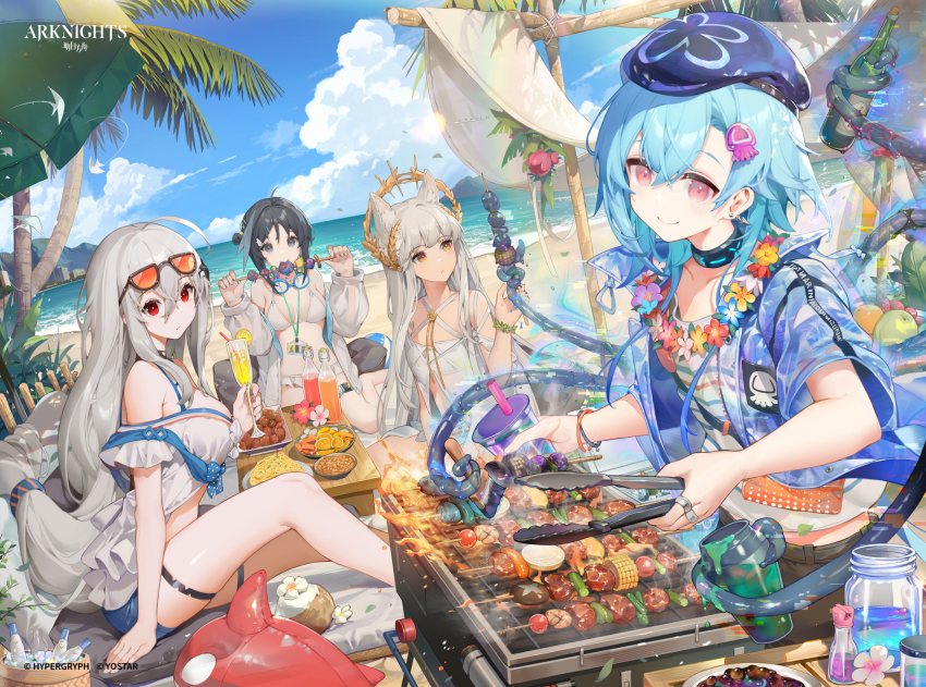 1boy 3girls ahoge akizone animal_ears arknights bare_shoulders beach beret bikini black_eyes black_hair blue_hair blue_jacket blue_sky bottle cloud cooking copyright_name criss-cross_halter cup eating eyewear_on_head flower flower_necklace food grill grilling halterneck hat highres holding holding_cup holding_skewer horse_ears inflatable_orca inflatable_toy jacket jacket_over_swimsuit jellyfish_hair_ornament jewelry la_pluma_(arknights) la_pluma_(summer_flowers)_(arknights) laurel_crown long_hair mizuki_(arknights) mizuki_(summer_feast)_(arknights) multiple_girls necklace ocean off-shoulder_shirt off_shoulder palm_tree pasta platinum_(arknights) platinum_(shimmering_dew)_(arknights) red_eyes shirt short_hair skadi_(arknights) skadi_(waverider)_(arknights) skewer sky sunglasses swimsuit tentacles thigh_strap tree very_long_hair white_bikini white_hair white_shirt yellow_eyes