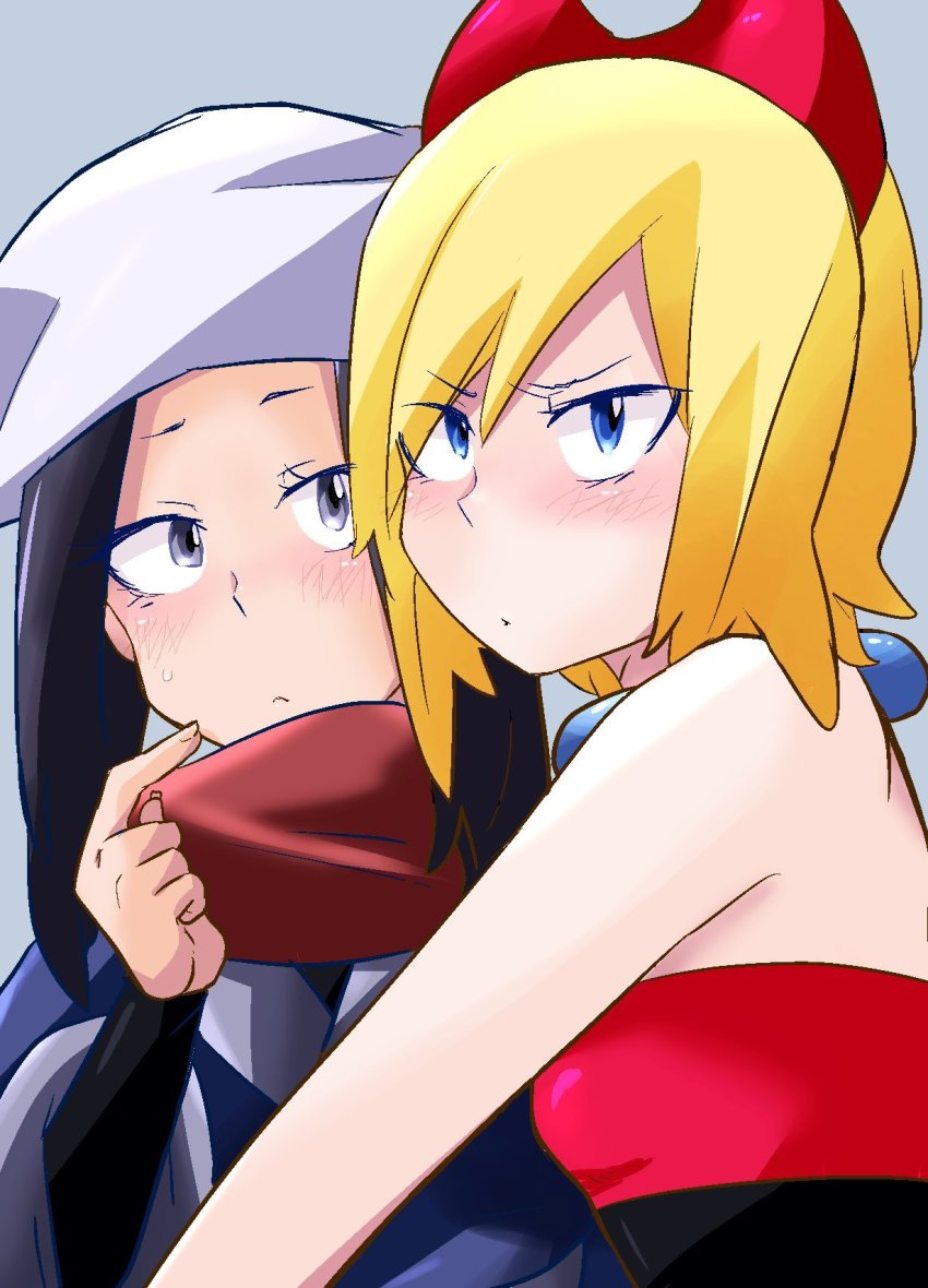 2girls akari_(pokemon) black_hair blonde_hair blue_eyes closed_mouth commentary_request grey_background grey_eyes headscarf highres irida_(pokemon) jewelry long_hair looking_at_another looking_at_viewer medium_hair multiple_girls neck_ring nintendo pokemon pokemon_legends:_arceus red_scarf red_shirt rui_(hershe) scarf scratching_cheek shirt sweat upper_body v-shaped_eyebrows white_headscarf white_headwear yuri