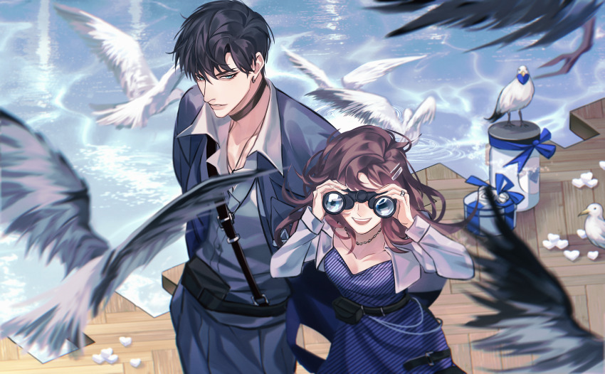 1boy 1girl :d absurdres animal belt bird black_choker black_hair black_pants blue_dress boat breasts brown_hair choker cleavage closed_mouth collared_shirt dove dress hair_ornament hairclip highres holding jacket jewelry light_and_night_love long_hair long_sleeves looking_at_viewer open_mouth outdoors pants pier protagonist_(light_and_night_love) seagull shirt short_hair smile standing water watercraft white_shirt xiao_yi_(light_and_night_love) zhuowang233