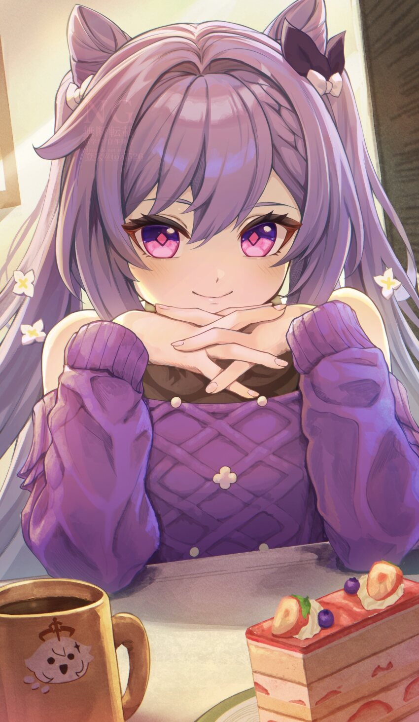 1girl absurdres bare_shoulders cake cake_slice closed_mouth coffee_mug cone_hair_bun cup double_bun flower food genshin_impact hair_bun hair_flower hair_ornament highres indoors interlocked_fingers keqing_(genshin_impact) keqing_(lantern_rite)_(genshin_impact) long_sleeves mug multicolored_eyes off_shoulder official_alternate_costume paimon_(genshin_impact) pink_eyes purple_hair sitting smile solo sweater symbol-shaped_pupils touji_(tozi526) two-tone_eyes