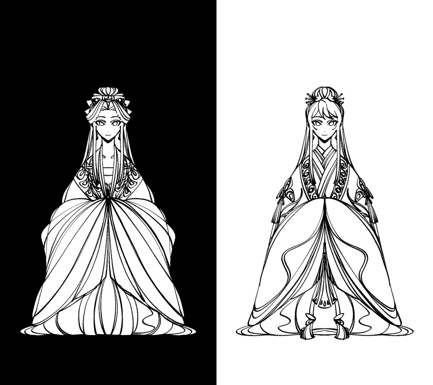 2girls black_background chinese_clothes chinese_commentary chinese_text code:_kite commentary_request dot_nose dual_persona full_body greyscale guanglingwang hanfu highres light_smile long_hair looking_at_viewer monochrome multiple_girls protected_link simple_background simplified_chinese_text split_theme straight_hair translation_request variations weibo_7587683077 white_background