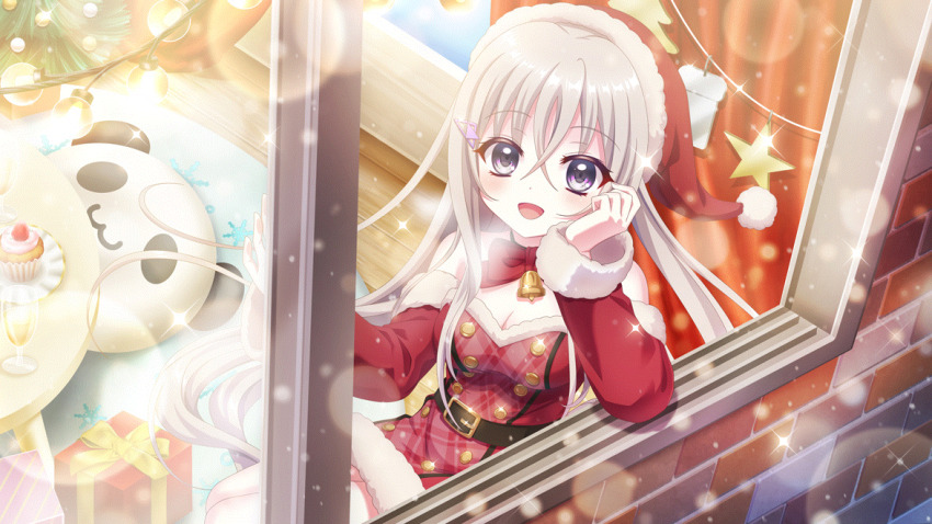 1girl :3 bell belt black_belt blonde_hair blush bow bowtie box breasts brick_wall buttons christmas christmas_ornaments christmas_tree cleavage cup cupcake detached_sleeves dot_nose double-breasted dress drinking_glass elbow_rest film_grain food from_above from_outside fruit fur-trimmed_dress fur-trimmed_sleeves fur_trim game_cg gift gift_box hair_between_eyes hair_ornament hairclip hand_on_own_cheek hand_on_own_face hand_on_window hat heavy_lens_flare izumi_tsubasu lens_flare long_hair looking_at_viewer medium_breasts neck_bell night non-web_source official_art open_mouth open_window purple_eyes re:stage! red_bow red_dress red_hat sakura_miu santa_costume santa_dress santa_hat sitting smile snowflake_print snowing solo sparkle star_(symbol) star_ornament straight_hair strapless strapless_dress strawberry string_of_light_bulbs white_trim window wooden_floor