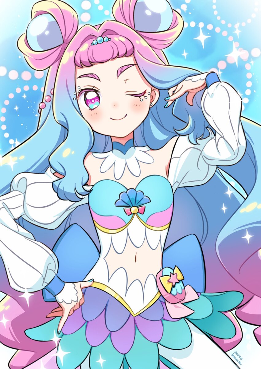 1girl blue_background blue_eyes blue_hair blue_nails bun_(jewd5385) choker cure_la_mer eyelash_ornament gradient_hair hair_ornament heart heart_in_eye highres laura_la_mer layered_skirt leggings long_hair looking_at_viewer magical_girl midriff multicolored_eyes multicolored_hair nail_polish navel one_eye_closed pearl_hair_ornament pink_eyes pink_hair precure skirt smile solo sparkle_background symbol_in_eye thick_eyelashes tropical-rouge!_precure very_long_hair white_choker white_leggings white_sleeves