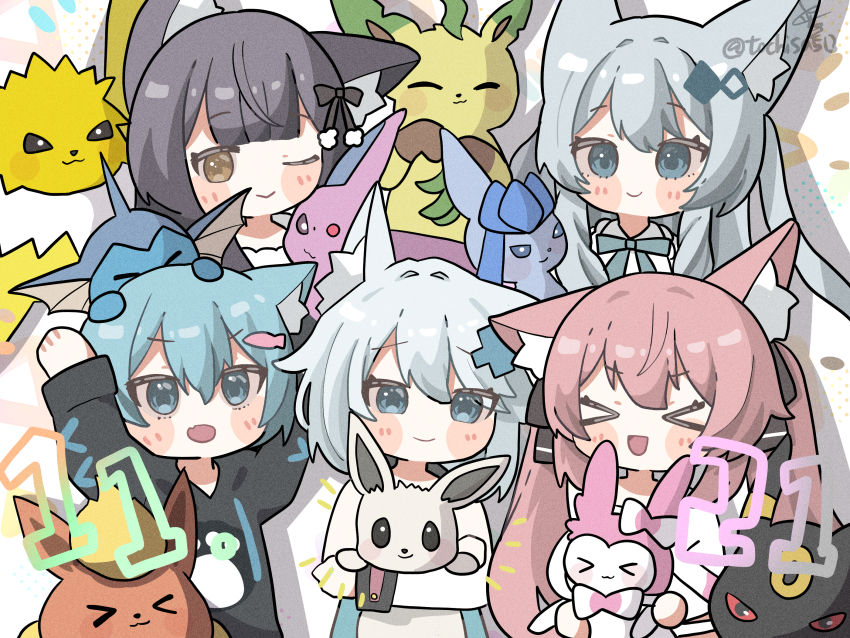 &gt;_&lt; 4girls :d ;) alternate_color animal_ear_fluff animal_ears arms_up black_hair black_hoodie black_ribbon blue_eyes blue_hair blunt_bangs blush blush_stickers bow brown_eyes cat_ears chibi closed_eyes closed_mouth crossover espeon fang flareon fox_ears gen_1_pokemon gen_2_pokemon gen_4_pokemon gen_6_pokemon glaceon grey_eyes grey_hair grey_hoodie hair_between_eyes hair_bow hair_ornament highres holding holding_pokemon hood hoodie jolteon karin_(vrchat) leafeon lime_(vrchat) long_hair long_sleeves looking_at_viewer milk_re_(vrchat) mint_(vrchat) multiple_girls neck_ribbon nintendo one_eye_closed open_mouth pachirisu pink_hair pokemon pokemon_(creature) ribbon rusk_(komado_booth) shiny_and_normal shiny_pokemon shirt short_hair smile sylveon tochisa_(tochisa513) twintails twitter_username umbreon vaporeon vrchat white_hair white_shirt xd
