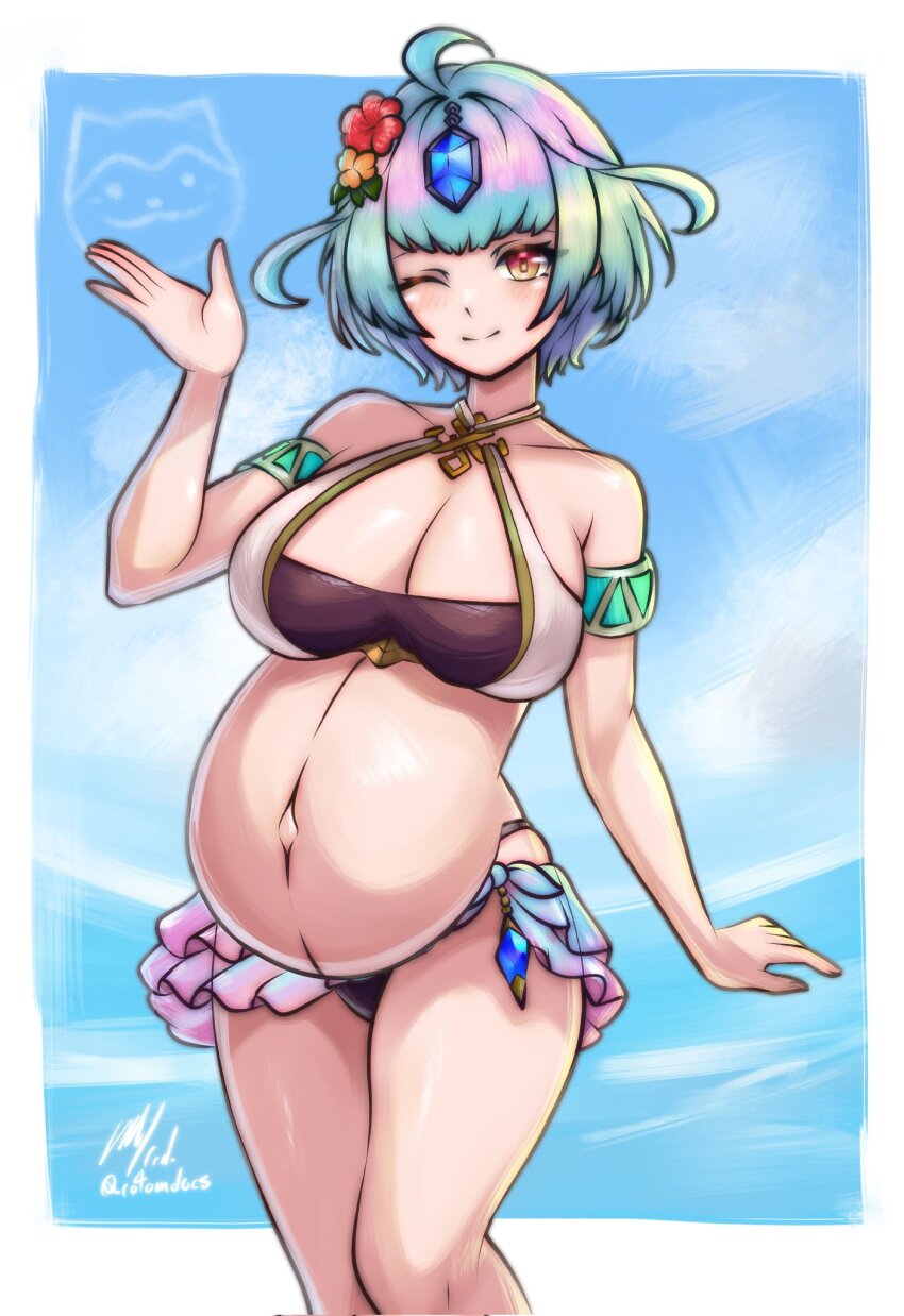 1girl ;) arm_up bikini black_bikini bob_cut border breasts cleavage fire_emblem fire_emblem_heroes halterneck highres looking_at_viewer multicolored_hair navel nintendo official_alternate_costume one_eye_closed pregnant rotomdocs seidr_(fire_emblem) seidr_(summer)_(fire_emblem) short_hair smile solo swimsuit waving white_bikini white_border yellow_eyes