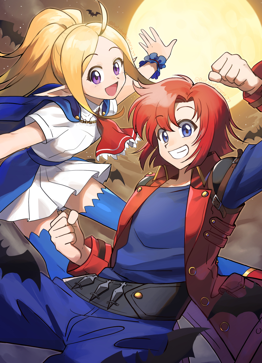 1boy 1girl absurdres ascot bat_(animal) betabetamaru blonde_hair blue_eyes blue_thighhighs capelet castlevania:_portrait_of_ruin castlevania_(series) charlotte_aulin charlotte_aulin_(cosplay) coat commission cosplay fire_emblem fire_emblem:_new_mystery_of_the_emblem fire_emblem:_shadow_dragon fire_emblem_awakening full_moon highres jonathan_morris jonathan_morris_(cosplay) knife long_hair looking_at_viewer moon nintendo nowi_(fire_emblem) open_mouth pointy_ears ponytail purple_eyes red_coat red_hair shirt skeb_commission skirt smile solo thighhighs throwing_knife weapon xane_(fire_emblem)