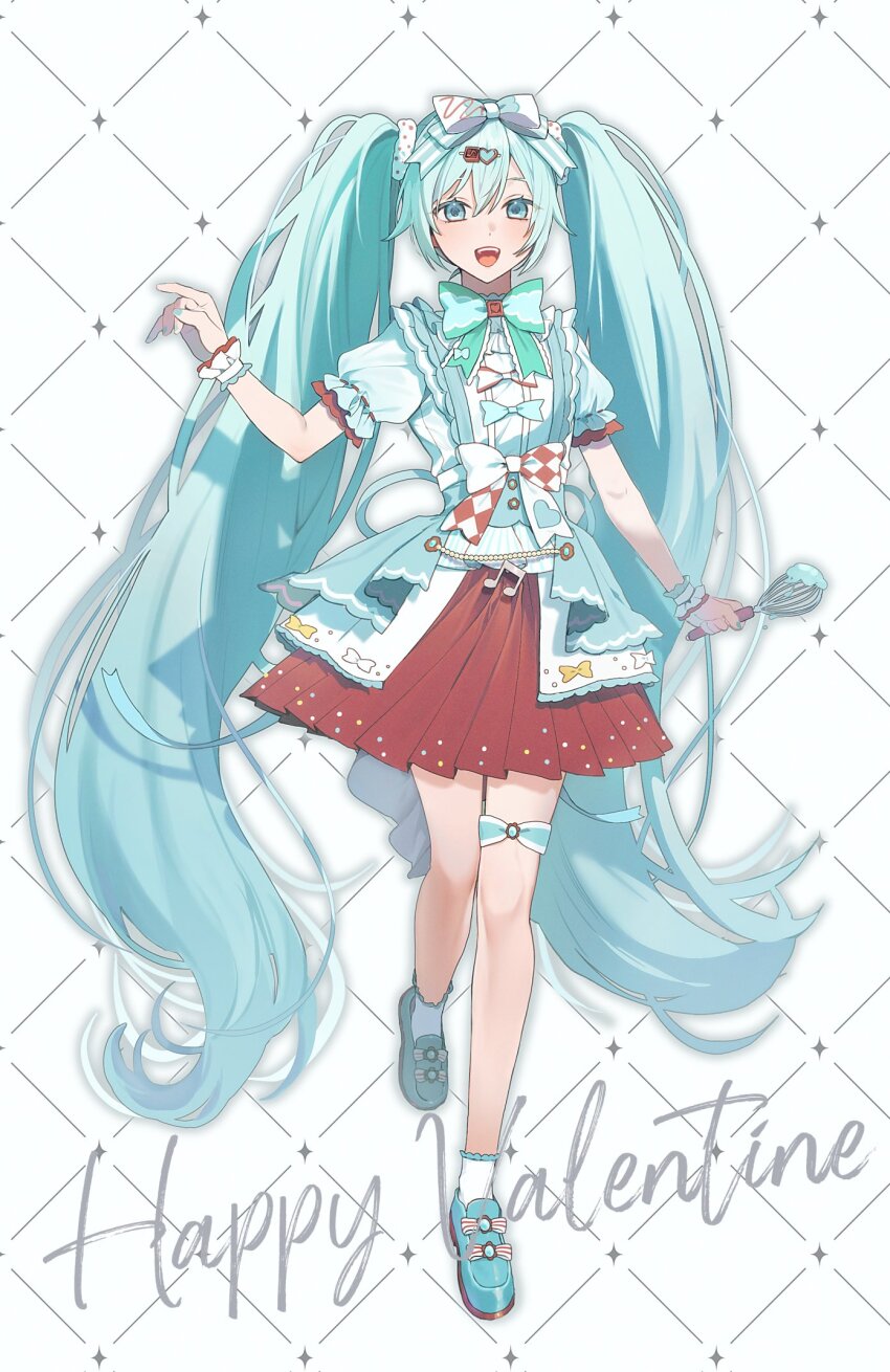 1girl :d absurdly_long_hair ankle_socks aqua_bow aqua_hair aqua_nails aqua_ribbon aqua_shoes arm_at_side blue_bow blue_hair blue_overskirt bow bowtie checkered_bow checkered_clothes colored_shoe_soles commentary drop_shadow english_commentary english_text eyes_visible_through_hair footwear_bow frilled_sleeves frilled_socks frilled_wrist_cuffs frills full_body green_bow green_bowtie hair_bow hair_ornament hair_scrunchie hand_up happy_valentine hatsune_miku heart heart_hair_ornament highres holding holding_whisk icing long_hair medium_skirt mei_hiiragi nail_polish open_mouth overskirt pleated_skirt puffy_short_sleeves puffy_sleeves red_bow red_skirt ribbon scrunchie shirt shoes short_sleeves simple_background skirt smile socks solo sparkle standing standing_on_one_leg striped_bow teeth tongue twintails two-tone_bow upper_teeth_only very_long_hair vocaloid whisk white_background white_bow white_scrunchie white_shirt white_socks white_wrist_cuffs wrist_cuffs
