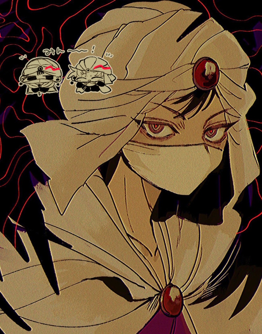 abstract_background black_background brown_hair cape chibi chibi_inset final_fantasy final_fantasy_ii firion gem highres looking_at_viewer male_focus mask minwu mouth_mask multiple_boys nayo_(kr_000515) portrait red_eyes red_gemstone solo_focus turban white_cape white_turban