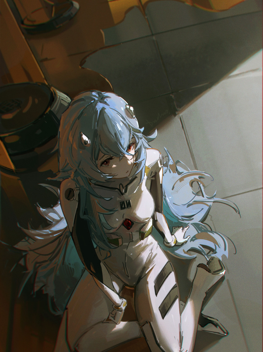 1girl absurdres ayanami_rei blue_hair breasts crossed_legs dudrinm expressionless hand_on_floor highres kneeling_on_liquid light_blue_hair liquid long_hair looking_at_viewer mecha_pilot_suit medium_breasts neon_genesis_evangelion on_floor plugsuit_(evangelion) red_eyes shade solo tile_floor tiles