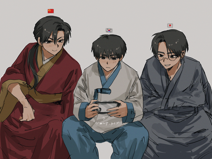 3boys anger_vein black_eyes black_hair black_kimono blue_pants china_(saboten92) chinese_clothes glasses hanbok hand_in_clothes hanfu highres japan_(saboten92) japanese_clothes japanese_flag kimono korean_clothes male_focus multiple_boys original pants parted_bangs parted_lips people&#039;s_republic_of_china_flag personification red_hanfu saboten92 simple_background smile south_korea_(saboten92) south_korean_flag white_background white_hanbok zhijupao