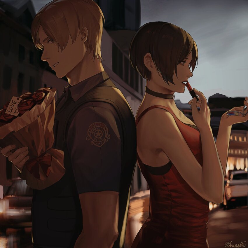 1boy 1girl ada_wong back-to-back bare_arms bare_shoulders black_choker black_hair blonde_hair blue_shirt blurry blurry_background bouquet building choker commentary cosmetics couple dress english_commentary flower from_side grey_sky height_difference highres holding holding_bouquet holding_lipstick_tube holding_mirror kurumi031212 leon_s._kennedy lipstick lipstick_tube makeup mirror outdoors parted_lips police police_badge police_uniform policeman profile red_dress red_lips resident_evil resident_evil_2 resident_evil_2_(remake) shirt short_hair short_sleeves sky sleeveless sleeveless_dress upper_body