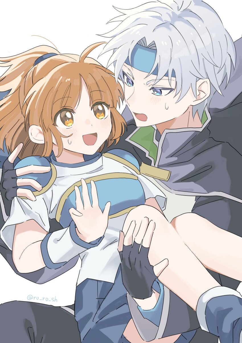 1boy 1girl ahoge arle_nadja armor artist_name black_cape black_gloves blue_eyes blue_headband blue_skirt breastplate brown_eyes brown_hair cape carrying commentary_request eyes_visible_through_hair fingerless_gloves gloves grey_hair hand_up headband highres long_sleeves looking_at_another medium_hair open_mouth parted_bangs pleated_skirt ponytail princess_carry puyopuyo schezo_wegey shihiro_(ro_ro_sh) shirt short_hair short_sleeves shoulder_armor simple_background skirt smile sweat twitter_username white_background white_shirt