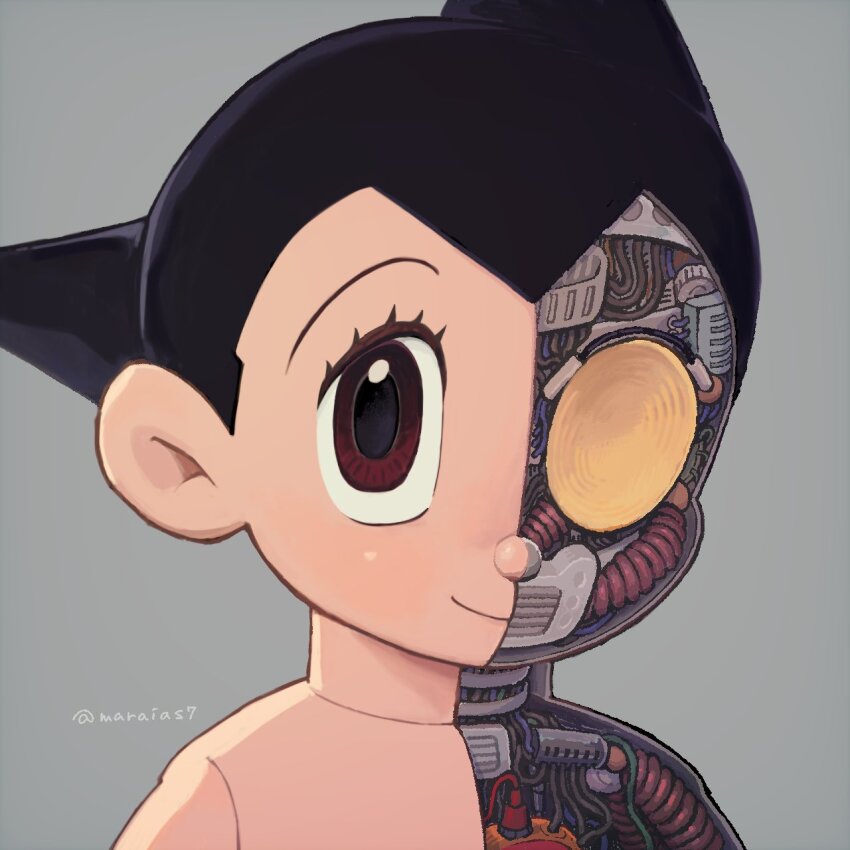 1boy android atom_(tetsuwan_atom) black_hair brown_eyes commentary_request grey_background highres male_focus marias_(harako) mechabare portrait smile solo tetsuwan_atom twitter_username x-ray