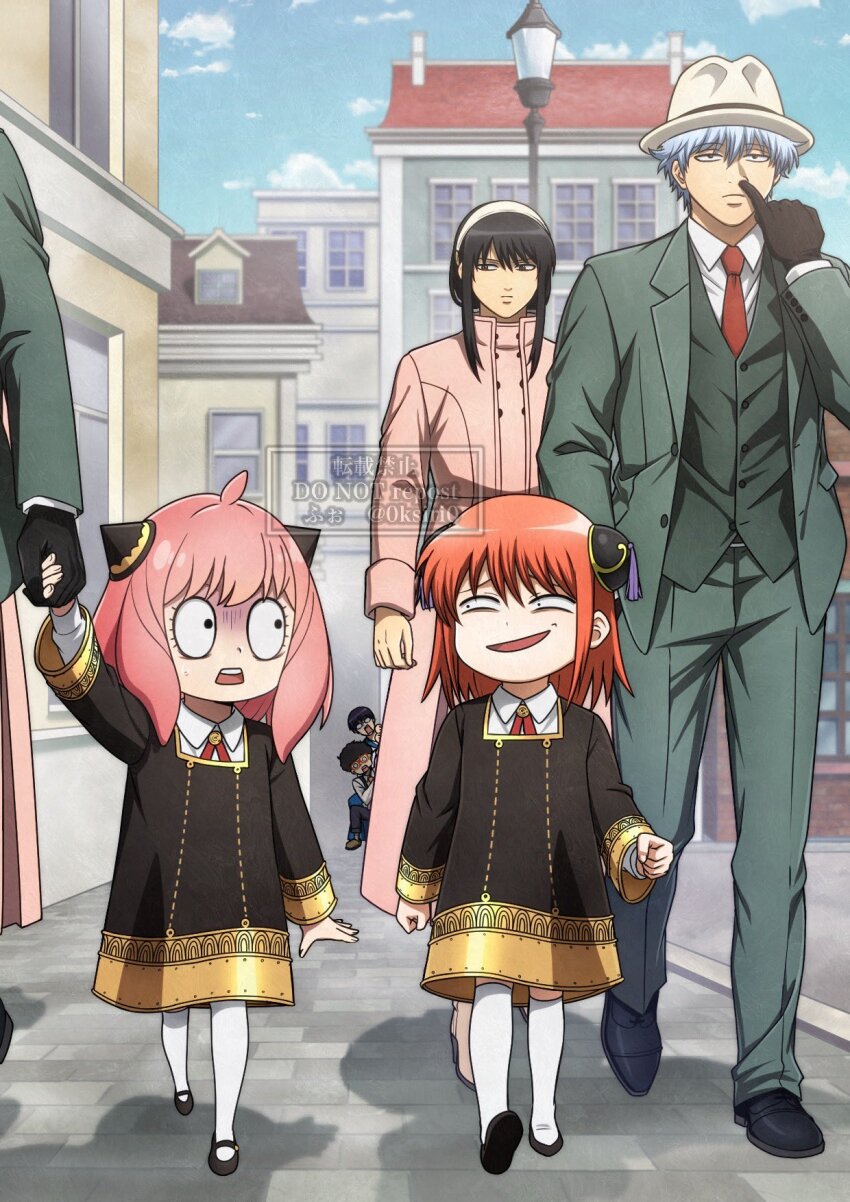 0ksiri0 3girls 5boys aged_down anya&#039;s_heh_face_(meme) anya_(spy_x_family) anya_(spy_x_family)_(cosplay) black_footwear black_gloves black_hair child coat collared_shirt commentary cosplay crossover eden_academy_school_uniform english_text formal_clothes franky_franklin gintama gloves gold_trim green_pants green_suit grey_hair grey_headwear hairband hairpods highres holding_hands kagura_(gintama) katsura_kotarou looking_at_another meme multiple_boys multiple_girls necktie nose_picking orange_hair outdoors pants peeking_out pink_coat pink_hair red_necktie sakata_gintoki school_uniform shimura_shinpachi shirt short_hair short_hair_with_long_locks smug spy_x_family suit surprised thighhighs town twilight_(spy_x_family) twilight_(spy_x_family)_(cosplay) vest walking watermark white_hairband white_shirt white_thighhighs yor_briar yor_briar_(cosplay)