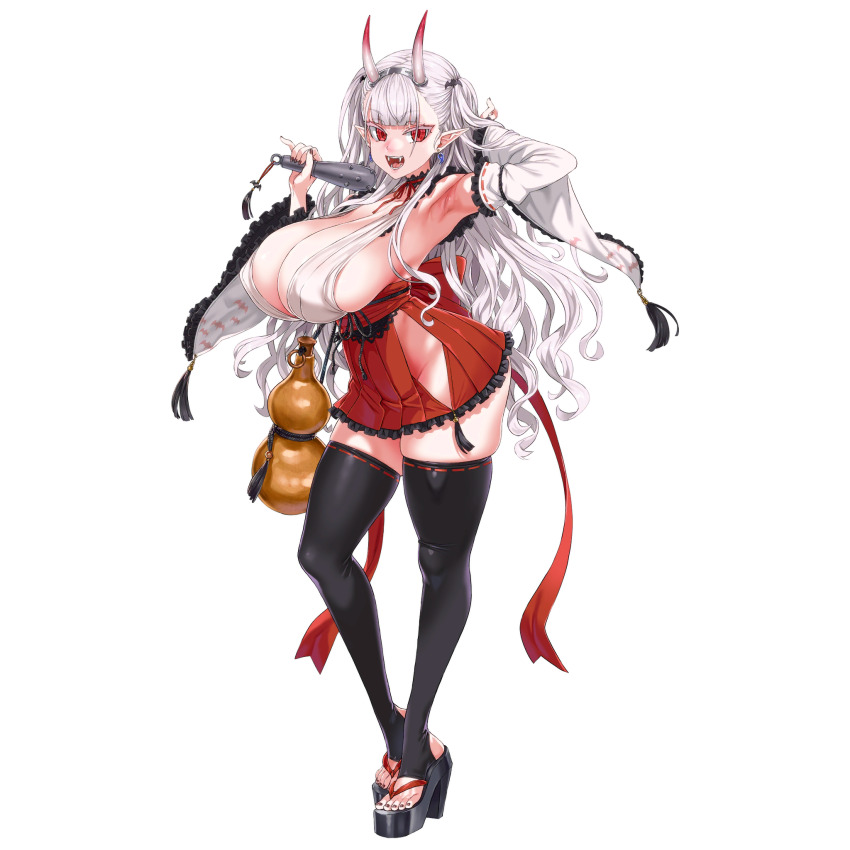 1girl :d armpits asanagi back_bow bat_hair_ornament bat_ornament black_collar black_thighhighs bow breasts brown_nails center_opening cleavage club club_(weapon) collar covered_erect_nipples detached_collar detached_sleeves draculina_(last_origin) earrings fake_horns fangs frilled_collar frilled_kimono frilled_skirt frilled_sleeves frills full_body gourd hair_ornament hakama hakama_short_skirt hakama_skirt high_heels highres hip_vent holding holding_club holding_weapon horns huge_breasts japanese_clothes jewelry kanabou kimono large_breasts last_origin long_hair long_sleeves looking_at_viewer magatama magatama_earrings nail_polish naked_kimono neck_ribbon no_panties nontraditional_miko obi official_alternate_costume official_art okobo oni_costume oni_horns open_mouth platform_clogs platform_sandals pleated_skirt pointy_ears red_bow red_eyes red_ribbon red_skirt ribbon rope sandals sash short_kimono sideboob simple_background skindentation skirt slit_pupils smile solo standing stirrup_legwear tachi-e teeth thick_thighs thighhighs thighs third-party_source toeless_legwear toenail_polish toenails transparent_background vampire waist_ribbon weapon white_hair white_kimono