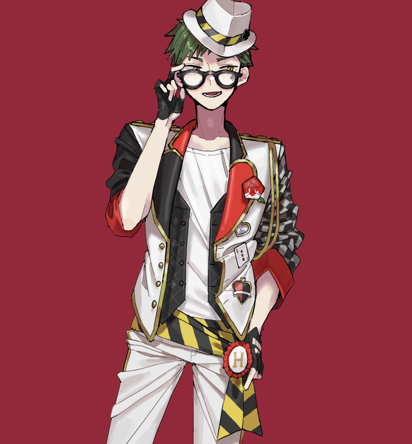 1boy :d adjusting_eyewear black-framed_eyewear black_gloves black_vest card club_(shape) club_facial_mark collarbone corsage facial_mark fedora fingerless_gloves glasses gloves green_hair half_gloves hand_on_own_hip hand_up hat heart highres jacket legs_apart male_focus open_clothes open_jacket open_mouth open_vest pants playing_card red_background sash shirt short_hair sideways_glance simple_background smile solo standing striped_sash three-quarter_sleeves trey_clover twisted_wonderland unbuttoned vest waist_sash white_hat white_pants white_shirt yellow_eyes yoshioka_suke