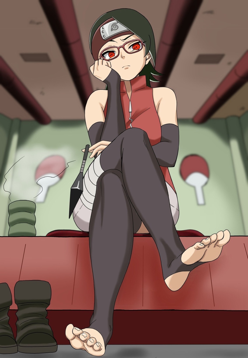 10s 1girl asymmetrical_hair black_hair black_thighhighs blurry boruto:_naruto_next_generations crossed_legs cup depth_of_field detached_sleeves feet female_focus forehead_protector glasses hand_on_own_face has_bad_revision has_downscaled_revision highres konohagakure_symbol kunai looking_at_viewer md5_mismatch naruto_(series) nush_advance raised_eyebrow red_eyes resolution_mismatch sharingan short_hair sitting sleeveless soles solo source_smaller stirrup_legwear thighhighs toeless_legwear toes uchiha_sarada uchiha_symbol weapon zipper zipper_pull_tab