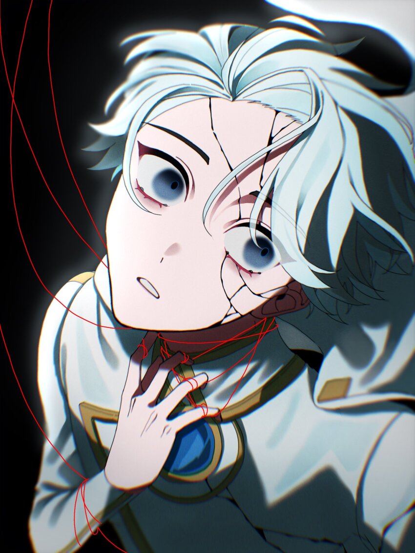 1boy blank_stare blue_eyes brooch cape clawing close-up cracked_skin flamingo_0515 hand_on_own_chest highres jewelry looking_at_viewer male_focus nice_(to_be_hero_x) noose parted_lips puppet_strings short_hair solo string string_of_fate to_be_hero to_be_hero_x white_cape white_hair wide-eyed
