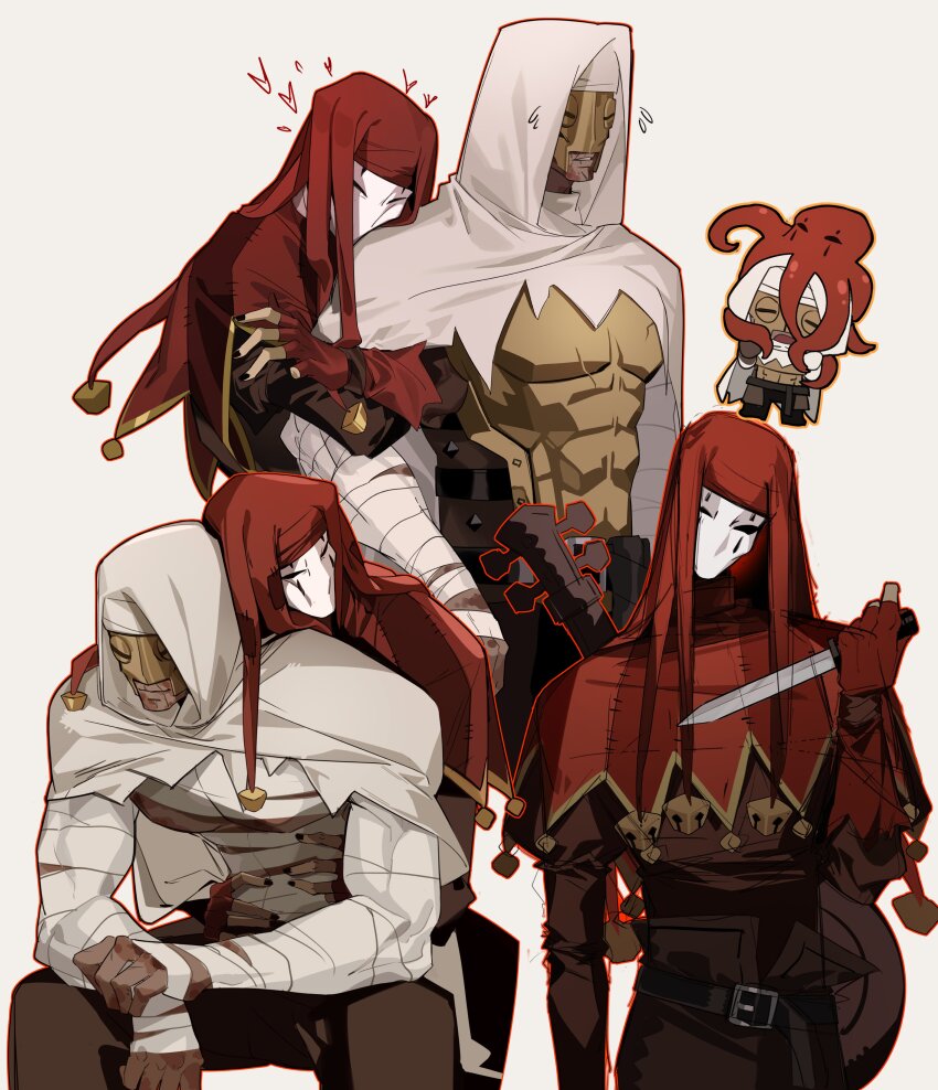 2boys absurdres animalization arm_hug arm_wrap armor bandages belt belt_buckle black_belt black_nails breastplate brown_shirt buckle cloak commentary couple curled_fingers dagger darkest_dungeon english_commentary fingerless_gloves gloves hat heart highres holding holding_dagger holding_knife holding_weapon hood hood_up hug hug_from_behind instrument instrument_on_back jester_(darkest_dungeon) jester_cap knife leper_(darkest_dungeon) long_sleeves lying_on_person male_focus mask multiple_boys multiple_views nail_polish octopus parted_lips person_and_animalization pimonoooo red_gloves red_shawl shawl shirt sitting weapon white_cloak white_hood yaoi