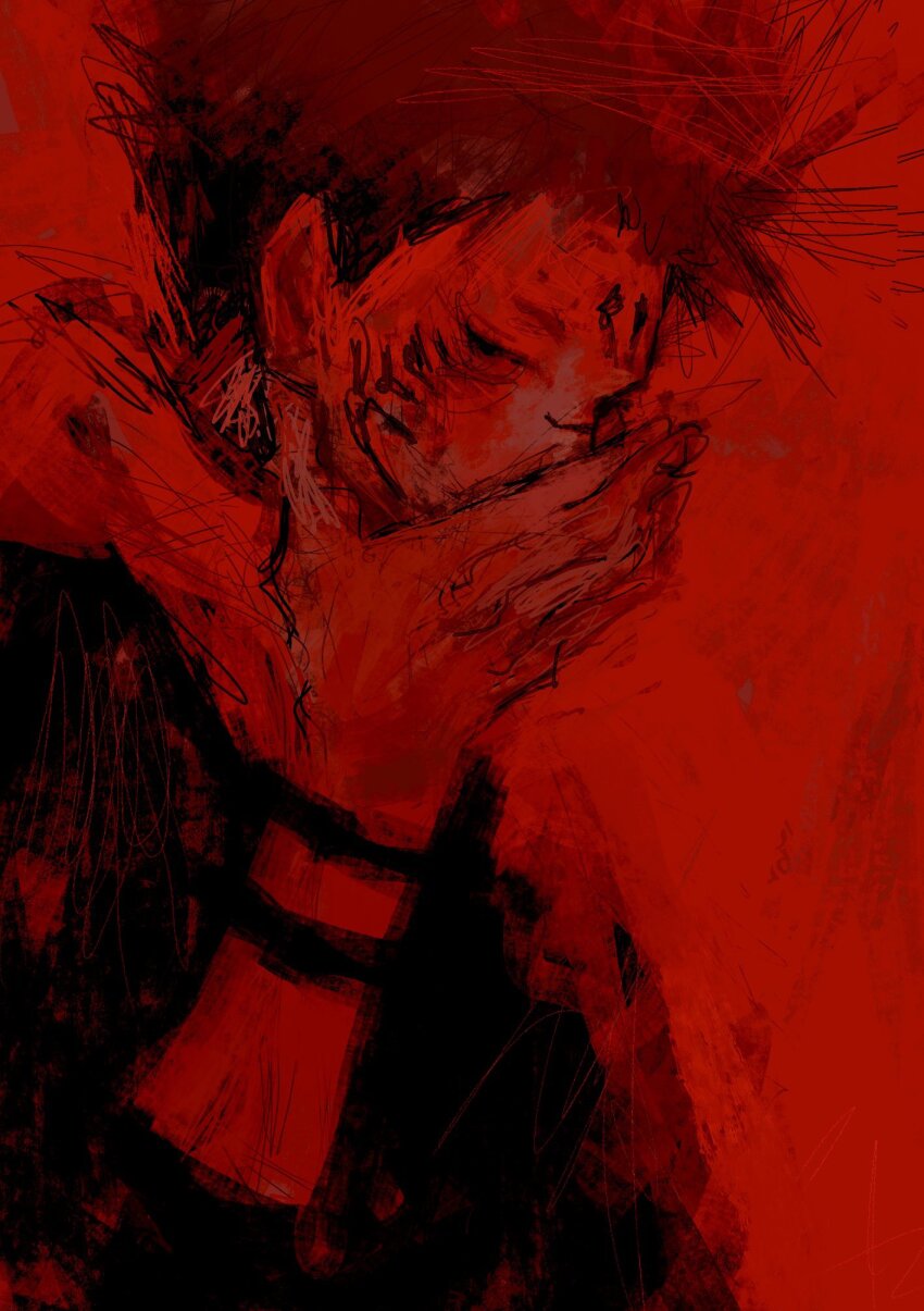 1boy covering_own_mouth facial_tattoo fuyumurasaki hand_over_own_mouth highres jujutsu_kaisen male_focus red_background red_theme ryoumen_sukuna_(jujutsu_kaisen) solo spiked_hair tattoo upper_body