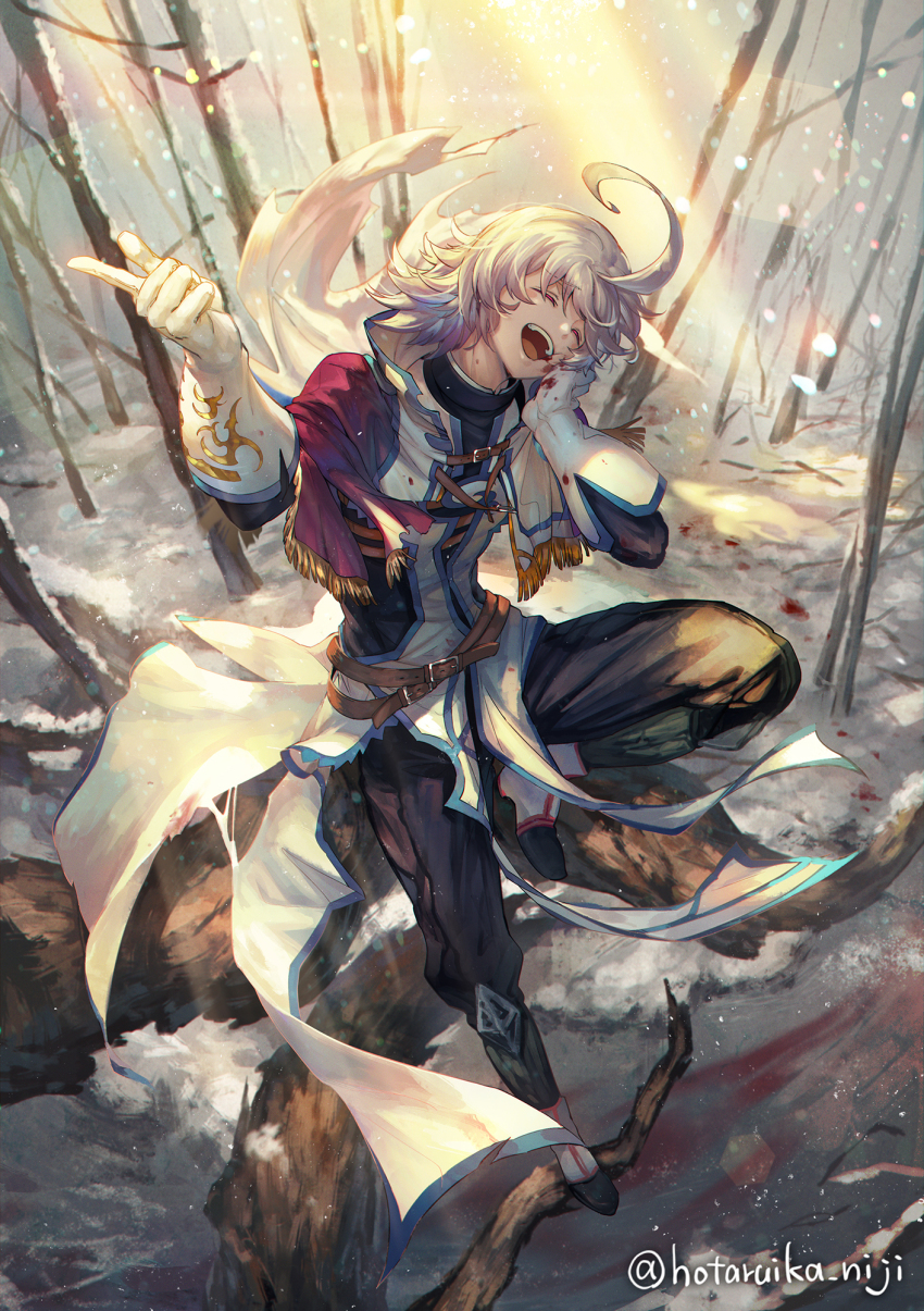 1boy ahoge alloces_(megido72) belt black_pants blood blood_on_clothes capelet commentary_request closed_eyes gloves gold_trim highres hotaruika_niji megido72 open_mouth outdoors pants scarf shoes silver_hair snow solo white_gloves
