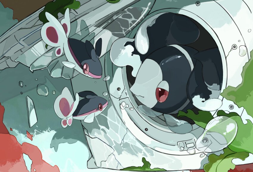 air_bubble bubble colored_sclera crack evolutionary_line finneon fish gen_4_pokemon glass_shards highres in_washing_machine lumineon nintendo no_humans ooo_deen pokemon pokemon_(creature) pokemon_focus red_eyes red_sclera underwater washing_machine