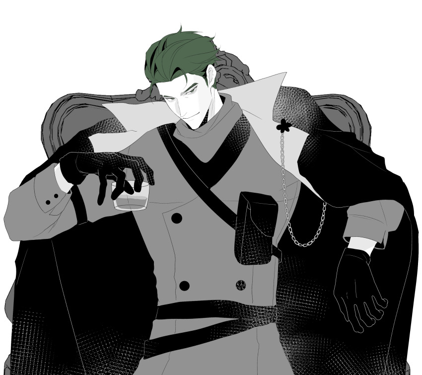 1boy absurdres bags_under_eyes buttons chain chair character_name closed_mouth coat coat_on_shoulders commentary_request cup double-breasted gloves green_eyes green_hair greyscale hair_behind_ear hair_slicked_back high_contrast highres holding holding_cup jacket long_sleeves looking_at_viewer male_focus monochrome on_chair peashooter_(plants_vs._zombies) personification plants_vs._zombies puffy_long_sleeves puffy_sleeves short_hair siiiiiiiiiii simile simple_background solo spot_color turtleneck turtleneck_jacket upper_body very_short_hair white_background