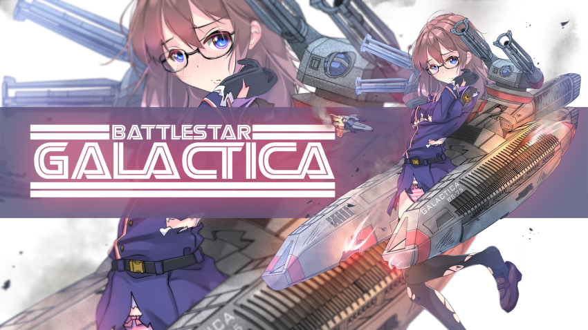 1girl battlestar_galactica belt black_footwear black_pantyhose blue_eyes broken commission crossover damaged fire galactica_chan glasses gloves highres injury kantai_collection long_hair looking_at_viewer machinery military military_uniform open_mouth orange_hair original panties panties_under_pantyhose pantyhose poster_(medium) rigging ship_turret shoes skirt smoke socks soot spaceship striped sydus thighhighs thighs torn_clothes underwear weapon