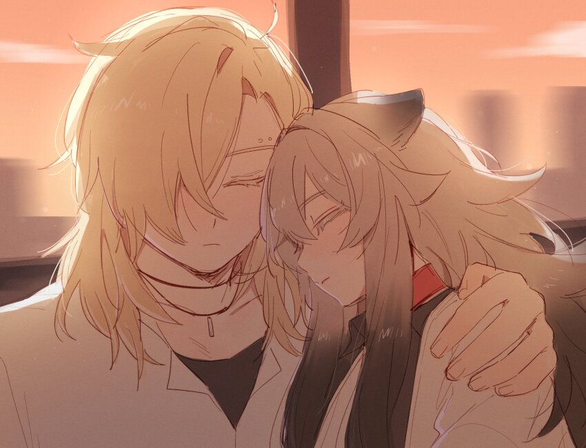 1boy 1girl animal_ears black_shirt blonde_hair closed_eyes collar collared_shirt degrees_of_lewdity eyebrow_piercing grey_hair hair_over_one_eye highres jewelry kai_(drakkai10) necklace original piercing red_collar shirt shoya_(kai_(drakkai10)) sunset white_shirt whitney_(degrees_of_lewdity) whitney_(male)_(degrees_of_lewdity)