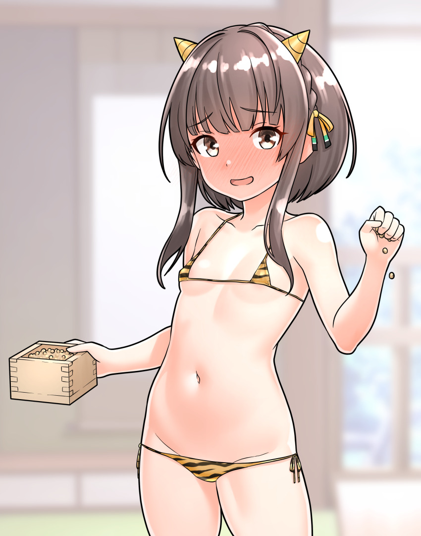 1girl absurdres animal_print bikini breasts brown_eyes commentary_request cone_horns cosplay furaggu_(frag_0416) hair_ribbon hand_up highres horns indoors kantai_collection looking_at_viewer micro_bikini navel ribbon short_hair short_hair_with_long_locks side-tie_bikini_bottom solo standing stomach swimsuit thighs tiger_print ukuru_(kancolle) yellow_ribbon