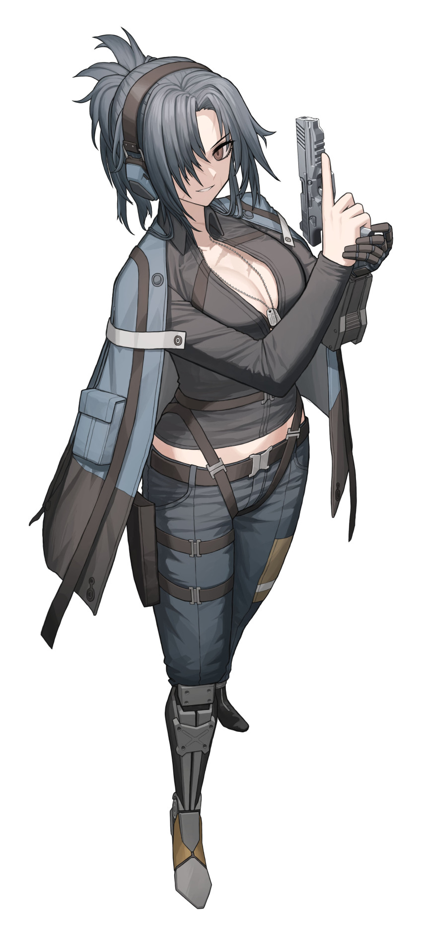 1girl absurdres angelia_(girls&#039;_frontline) belt black_boots black_shirt blue_cloak blue_pants boots breasts brown_eyes cheogtanbyeong cleavage cloak commission dog_tags ear_protection from_above full_body girls&#039;_frontline gun hair_over_one_eye handgun hands_up highres holding holding_weapon large_breasts long_sleeves looking_at_viewer mechanical_arms mechanical_legs medium_breasts medium_hair midriff mp-443_grach open_mouth pants ponytail scar scar_on_face shirt single_mechanical_arm single_mechanical_leg smile solo standing trigger_discipline weapon