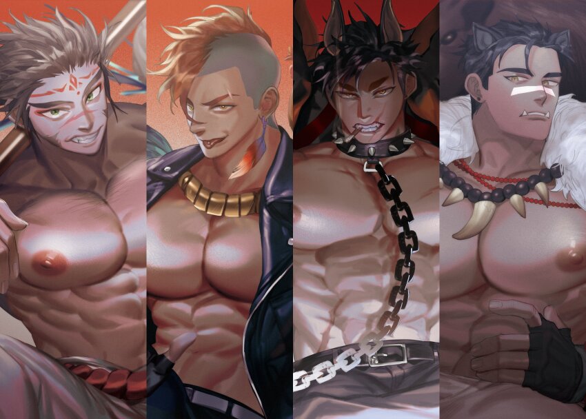 4boys abs absurdres animal_collar animal_ears bara bare_pectorals black_gloves black_skirt chinese_zodiac collar dog_boy dog_ears earrings facepaint fingerless_gloves fur_trim gloves highres jewelry lanyu_(lanyu1227) male_focus monkey_boy multiple_boys navel necklace nipples open_clothes open_shirt original pectorals piercing scar scar_on_face scar_on_mouth shirt skirt smile teeth tongue tongue_out tongue_piercing topless_male year_of_the_dog year_of_the_monkey
