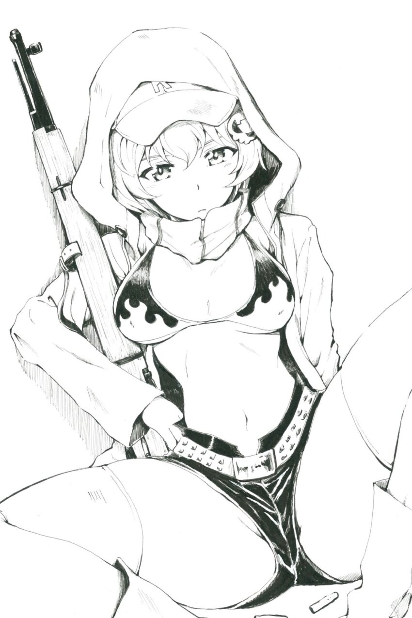 1girl :| baseball_cap belt bikini bikini_top_only black_shorts bolt_action boots breasts closed_mouth coat cosplay flame_print girls_und_panzer greyscale groin_tendon gun hair_ornament hat highres hood hood_up hooded_coat medium_breasts monochrome mosin-nagant navel rifle sawamin scarf shell_casing short_hair short_shorts shorts sitting skull_hair_ornament solo spread_legs stomach swimsuit tengen_toppa_gurren_lagann thighhighs traditional_media weapon yoko_littner yoko_littner_(cosplay) youko_(girls_und_panzer)