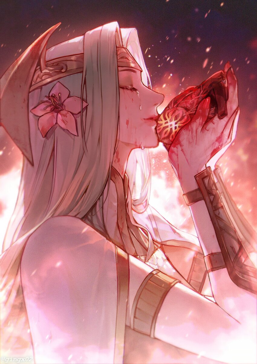 1girl armlet blood blood_on_face blood_on_hands bracer capelet closed_eyes collared_capelet commentary_request embers fire fire_emblem fire_emblem:_three_houses flower from_side gingx02 gold_headband green_hair hair_flower hair_intakes hair_ornament hands_up headband heart heart_(organ) highres holding holding_heart jewelry korean_commentary light_smile long_hair nintendo object_kiss pink_flower seiros_(fire_emblem) solo straight_hair tears upper_body white_capelet