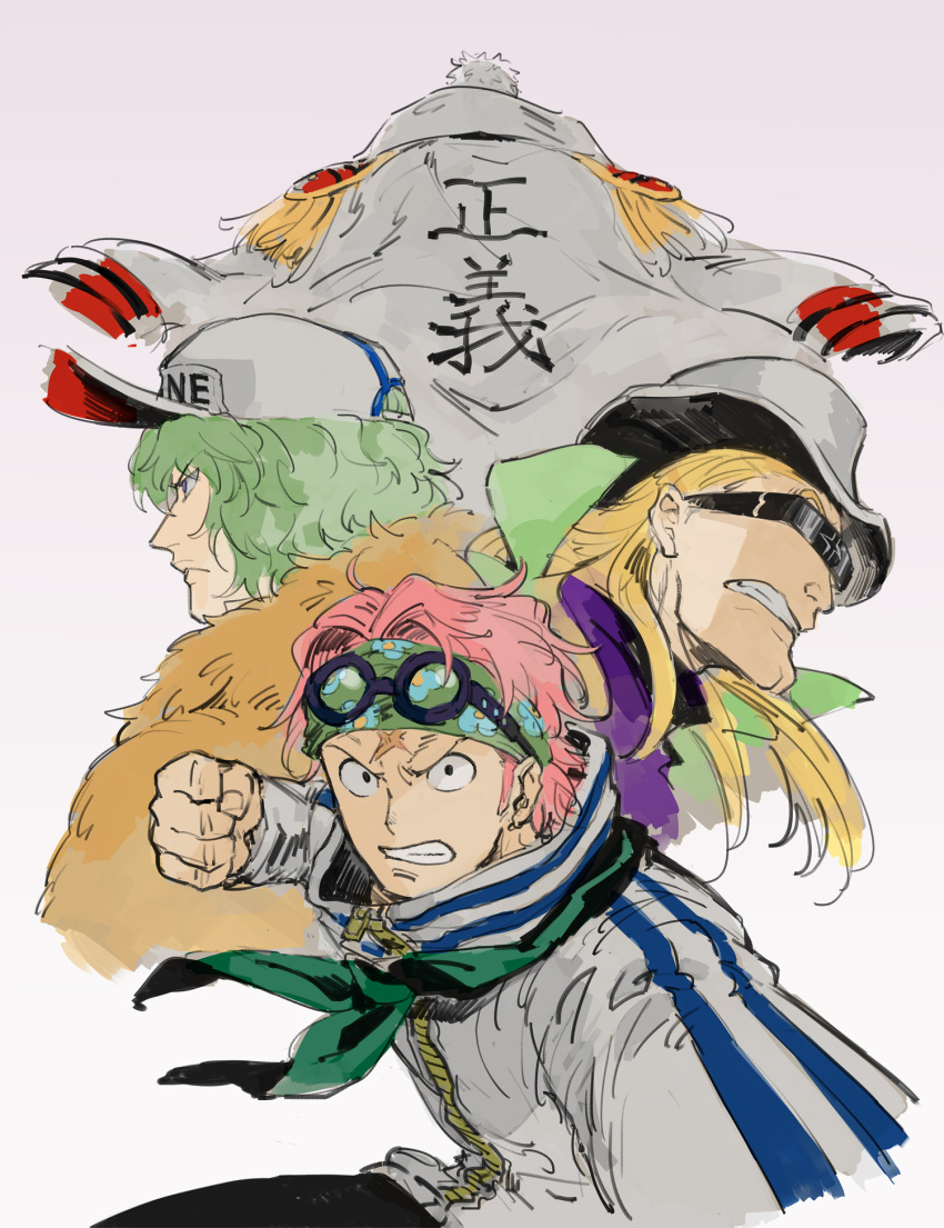 4boys back bad_id bad_twitter_id blonde_hair clenched_hand clenched_teeth coat coat_on_shoulders epaulettes eyewear_on_head green_hair green_headband green_neckerchief hat headband helmeppo high_collar highres koby_(one_piece) long_hair male_focus mocchi_(mkz) monkey_d._garp multiple_boys neckerchief one_piece pink_hair prince_grus profile scar scar_on_face scar_on_forehead short_hair simple_background sunglasses teeth white_coat white_hat