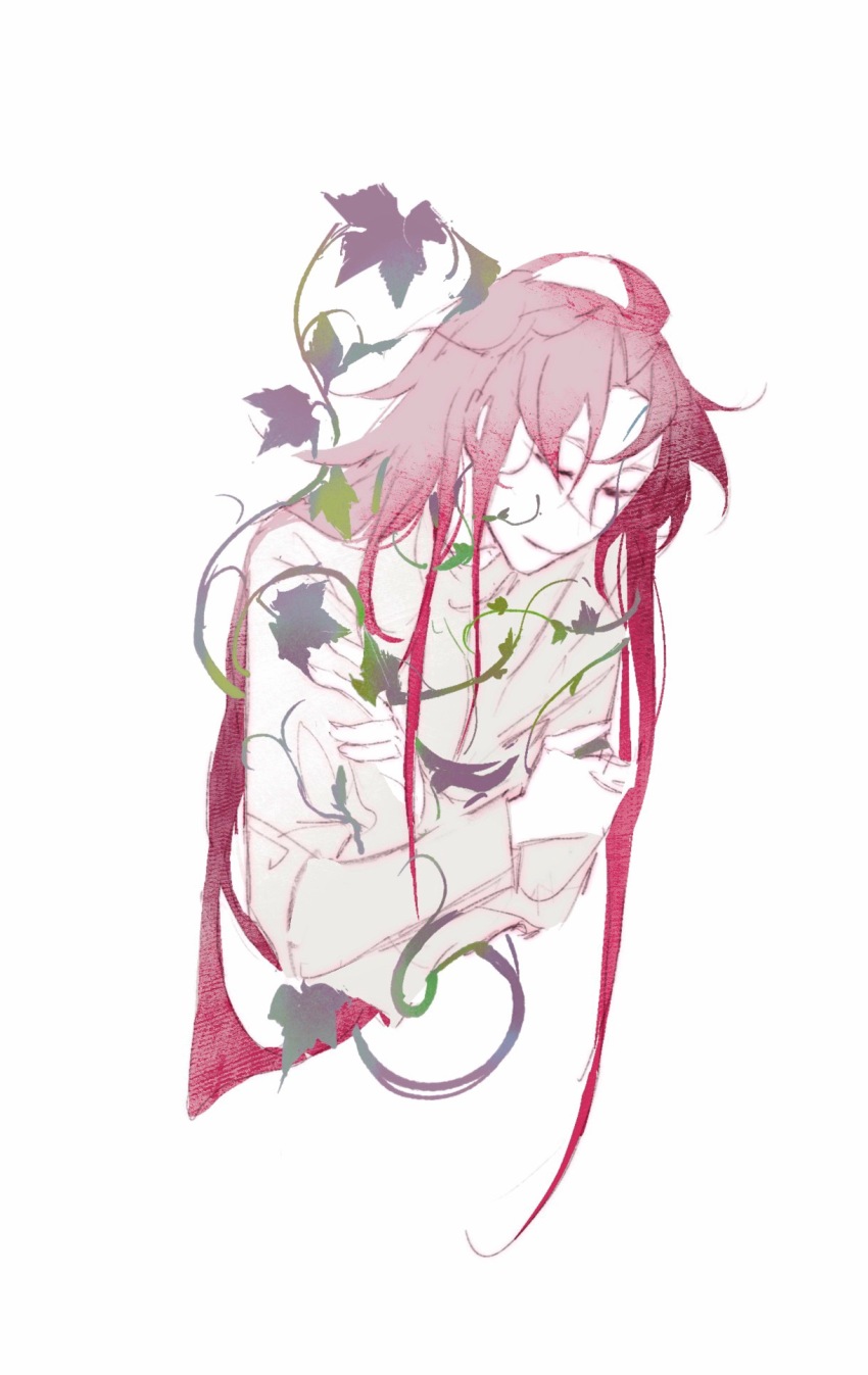1boy artistguillotine chinese_commentary closed_eyes closed_mouth colored_skin commentary_request crossed_arms curtained_hair hatsutori_hajime highres jacket long_hair long_sleeves male_focus parted_bangs pink_hair plant saibou_shinkyoku simple_background smile solo variant_set vines white_background white_jacket white_skin