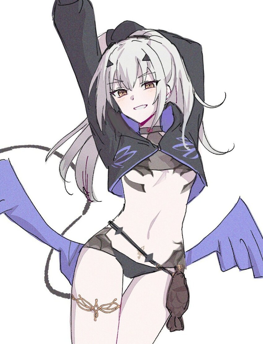 1girl arms_behind_head arms_up bikini black_bikini black_tail blue_wings bodystocking bottle breasts cropped_legs fate/grand_order fate_(series) flask gold_thighlet grey_hair hair_intakes hair_ornament high_ponytail highres jewelry light_blush low_wings melusine_(fate) melusine_(swimsuit_ruler)_(fate) melusine_(swimsuit_ruler)_(first_ascension)_(fate) nekwnek orange_eyes petite ponytail pubic_tattoo scales shrug_(clothing) simple_background small_breasts smile solo stomach swimsuit tattoo triangle_hair_ornament underboob white_background white_hair wings