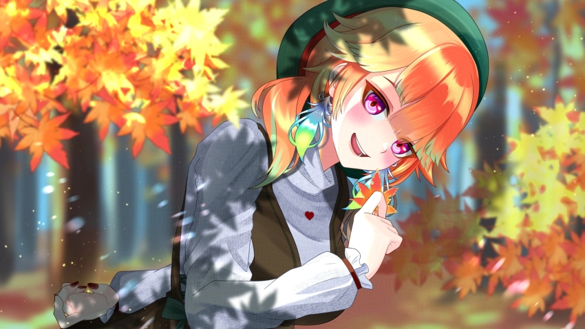 1girl :d autumn_leaves blush earrings feather_earrings feathers green_hat grey_sweater hand_up hat highres hololive hololive_english hrk_itoshi jewelry leaf light_particles looking_at_viewer open_mouth orange_hair purple_eyes red_nails smile solo sweater takanashi_kiara takanashi_kiara_(winter_casual) turtleneck turtleneck_sweater virtual_youtuber
