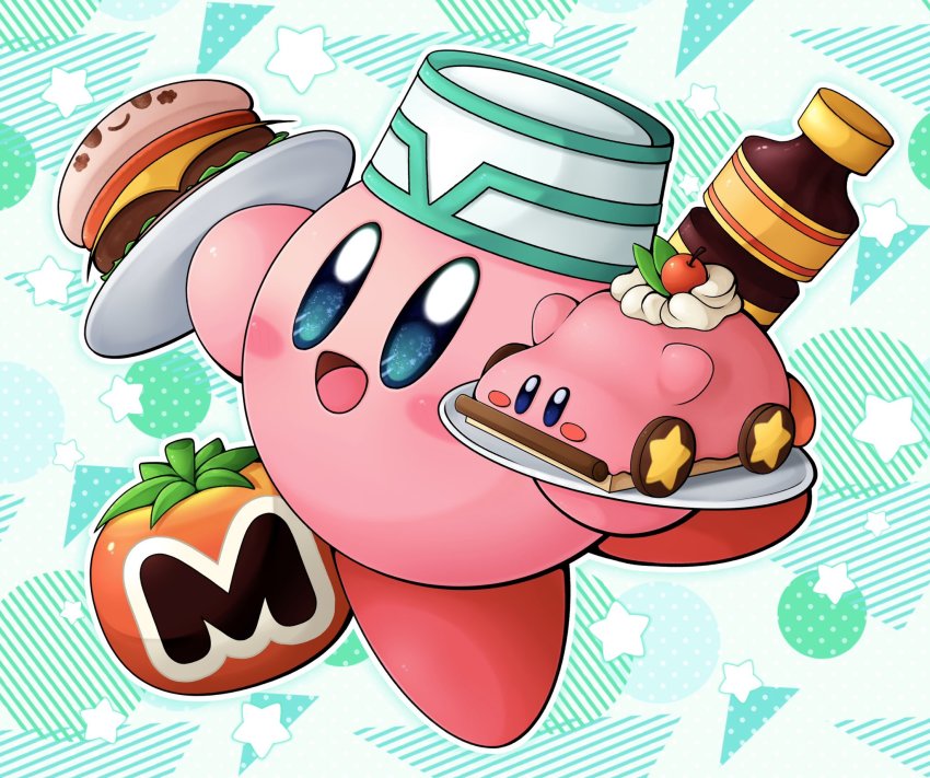 blush_stickers bottle burger cake car-mouth_cake cherry colored_skin food fruit full_body hat highres holding holding_plate kirby kirby_(series) kirby_and_the_forgotten_land kirby_burger looking_at_viewer maxim_tomato nintendo no_humans open_mouth pink_skin plate slys_(jesterdysphoria) smile solo star_(symbol) tongue